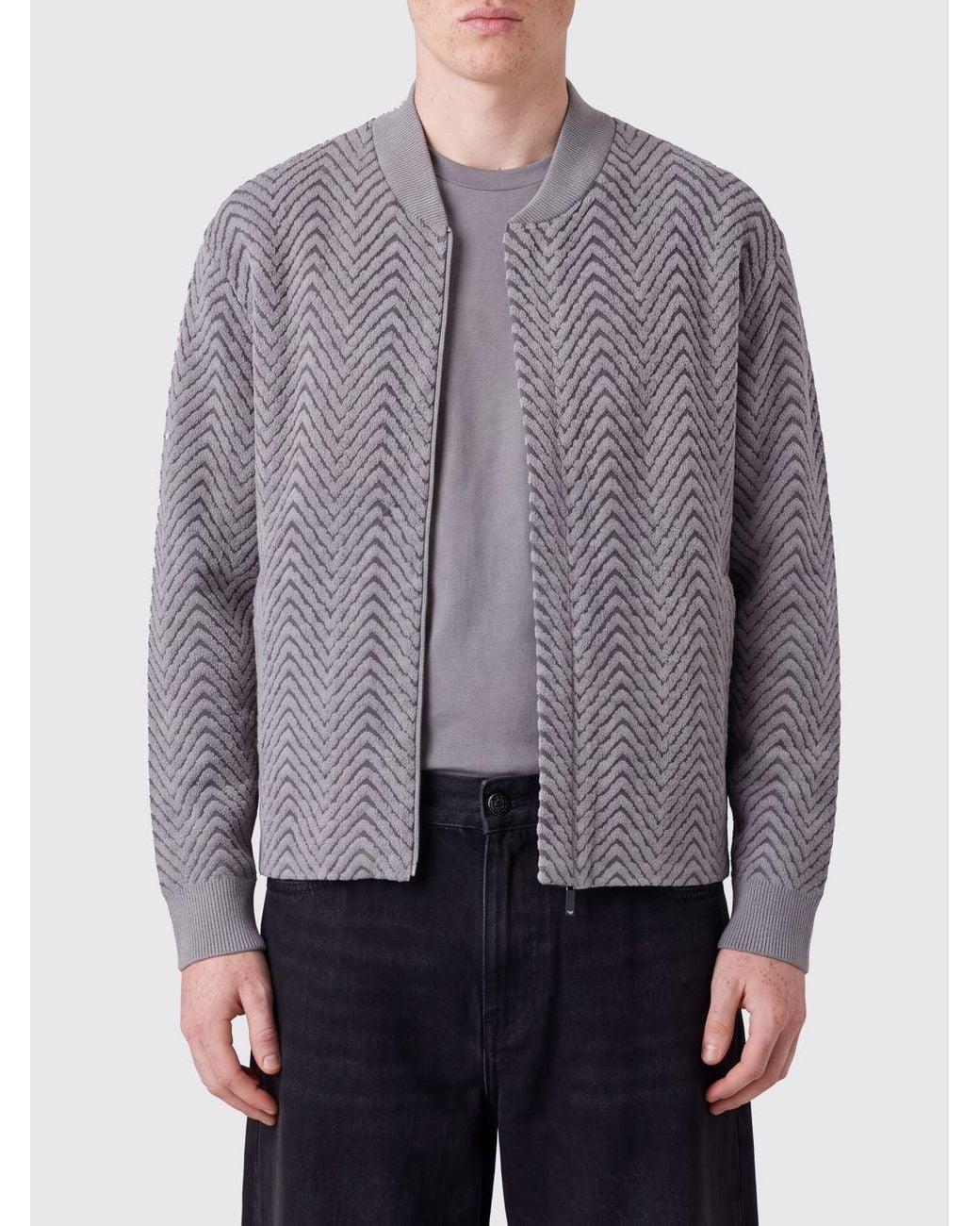 Emporio Armani Gray Zig-Zag Pattern Virgin Wool Bomber Jacket With Ribbed Collar for men