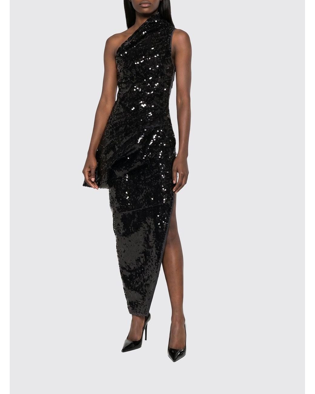 Rick Owens Black Long Asymmetrical One-Shoulder Sequin Evening Gown