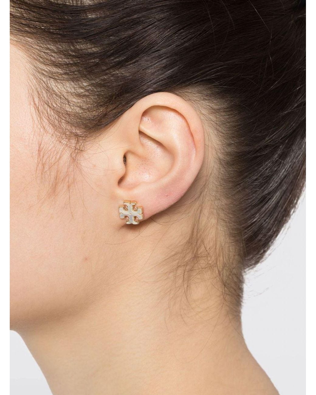 Tory Burch White Kira Mother-Of-Pearl Stud Earrings With Double T Logo