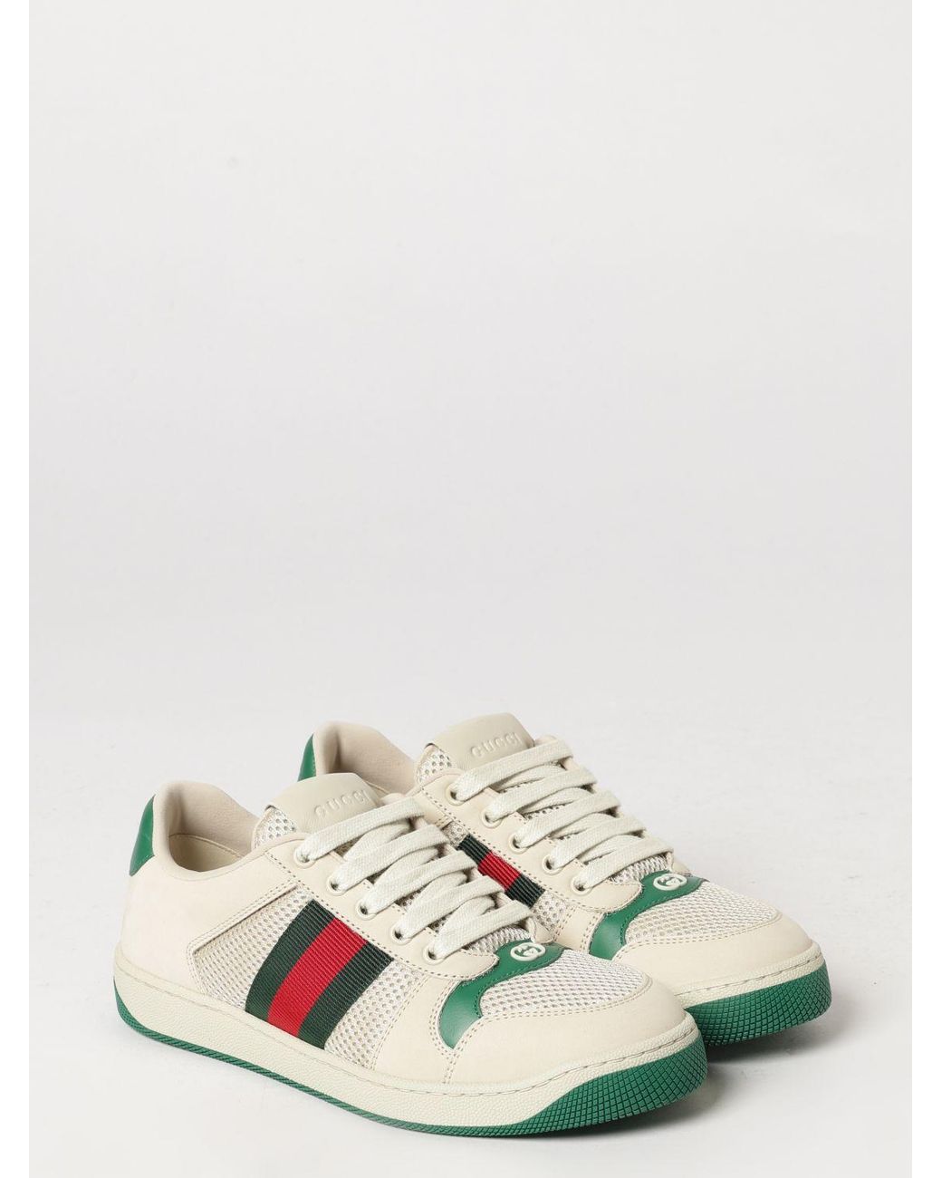 Gucci White Screener Low-Top Leather And Mesh Sneakers With Web Stripe