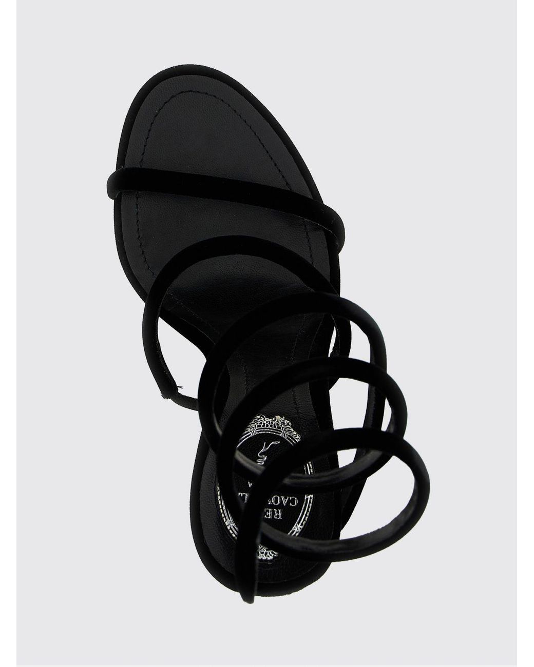 Rene Caovilla Black High-Heeled Velvet Sandals With Snake Strap And Stiletto Heel