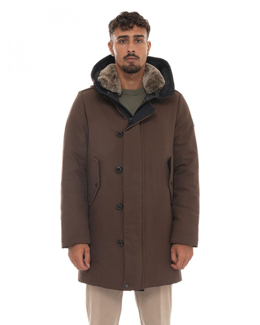 Peuterey Brown Kasa Ki Water-Repellent Knee-Length Parka With Fur Collar for men