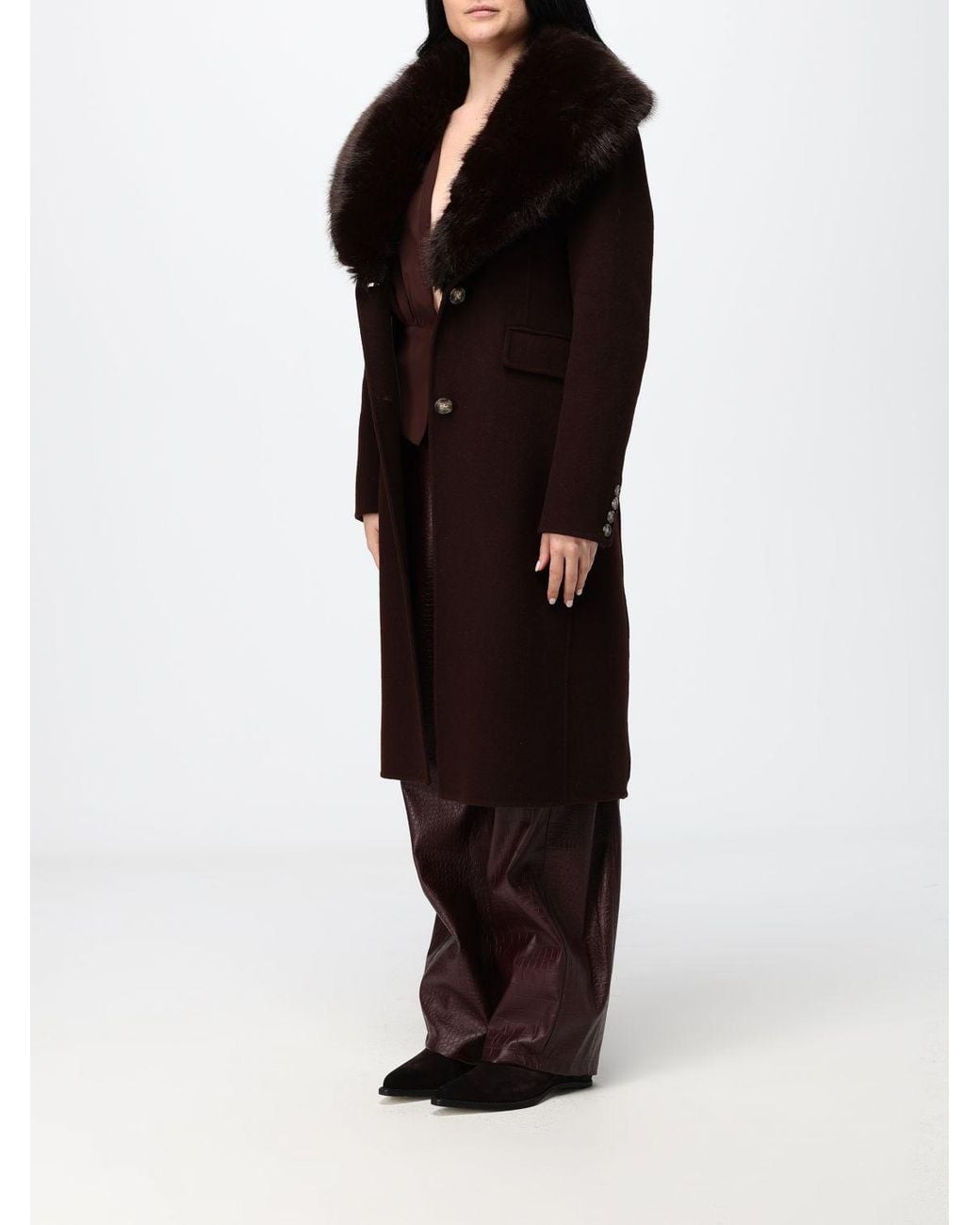 Hanita Black Single-Breasted Long Wool Blend Coat With Fur Collar