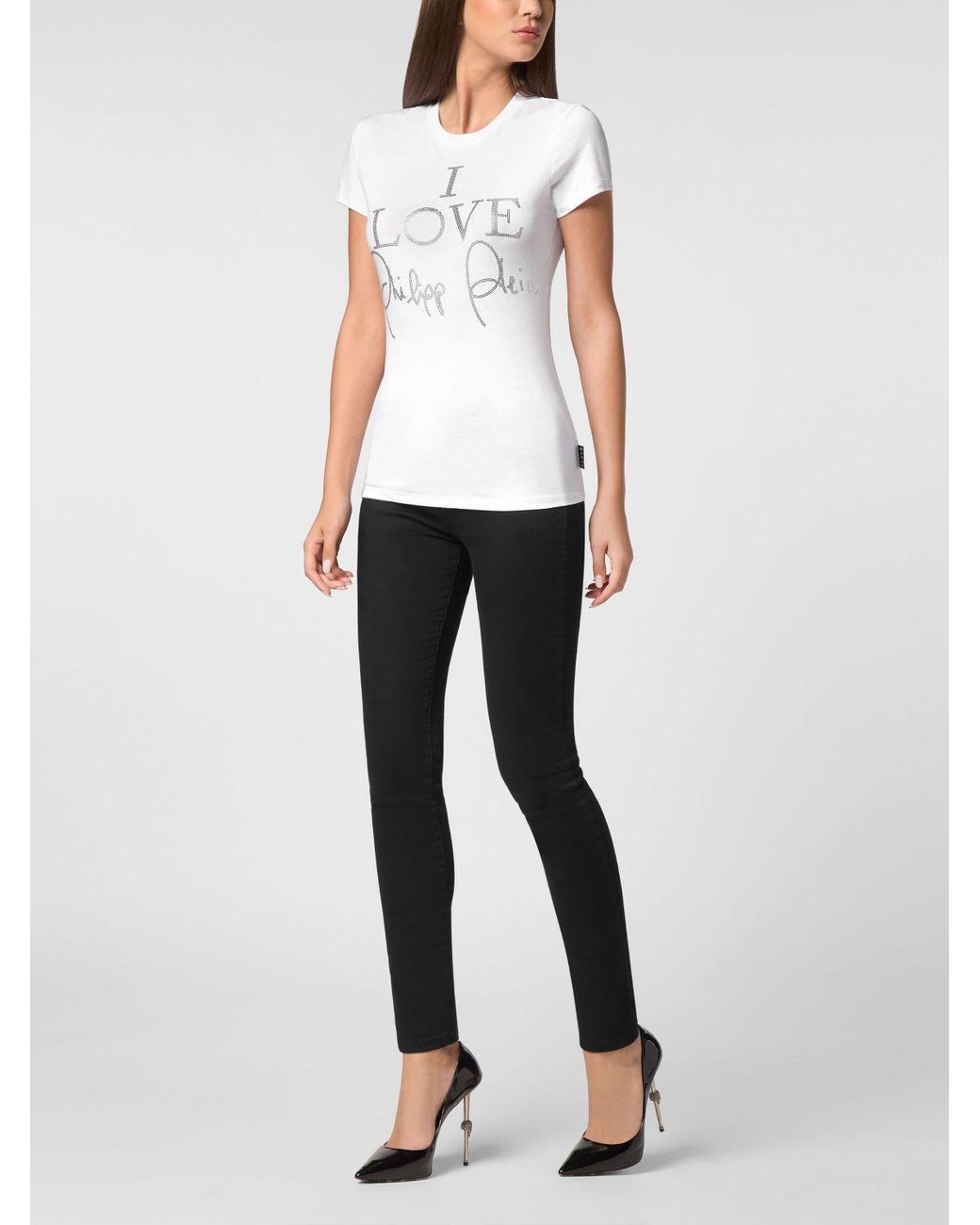 Philipp Plein White Jersey T-Shirt With Slogan Print And Rhinestone Embellishments