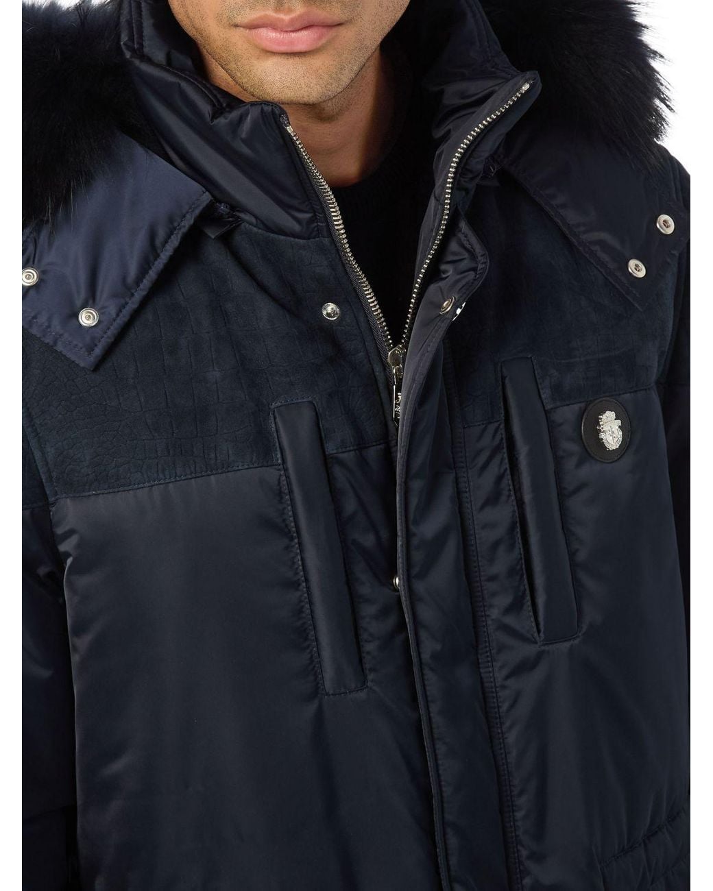 Billionaire Blue Knee-Length Padded Nylon Parka With Hood And Fur Collar for men