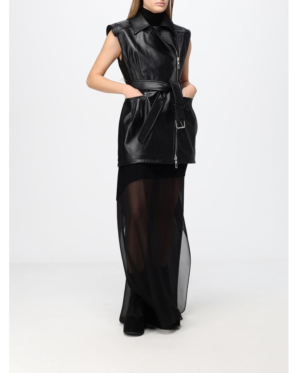 Sportmax Black Cropped Leather Biker Waistcoat With An Adjustable Waist Belt