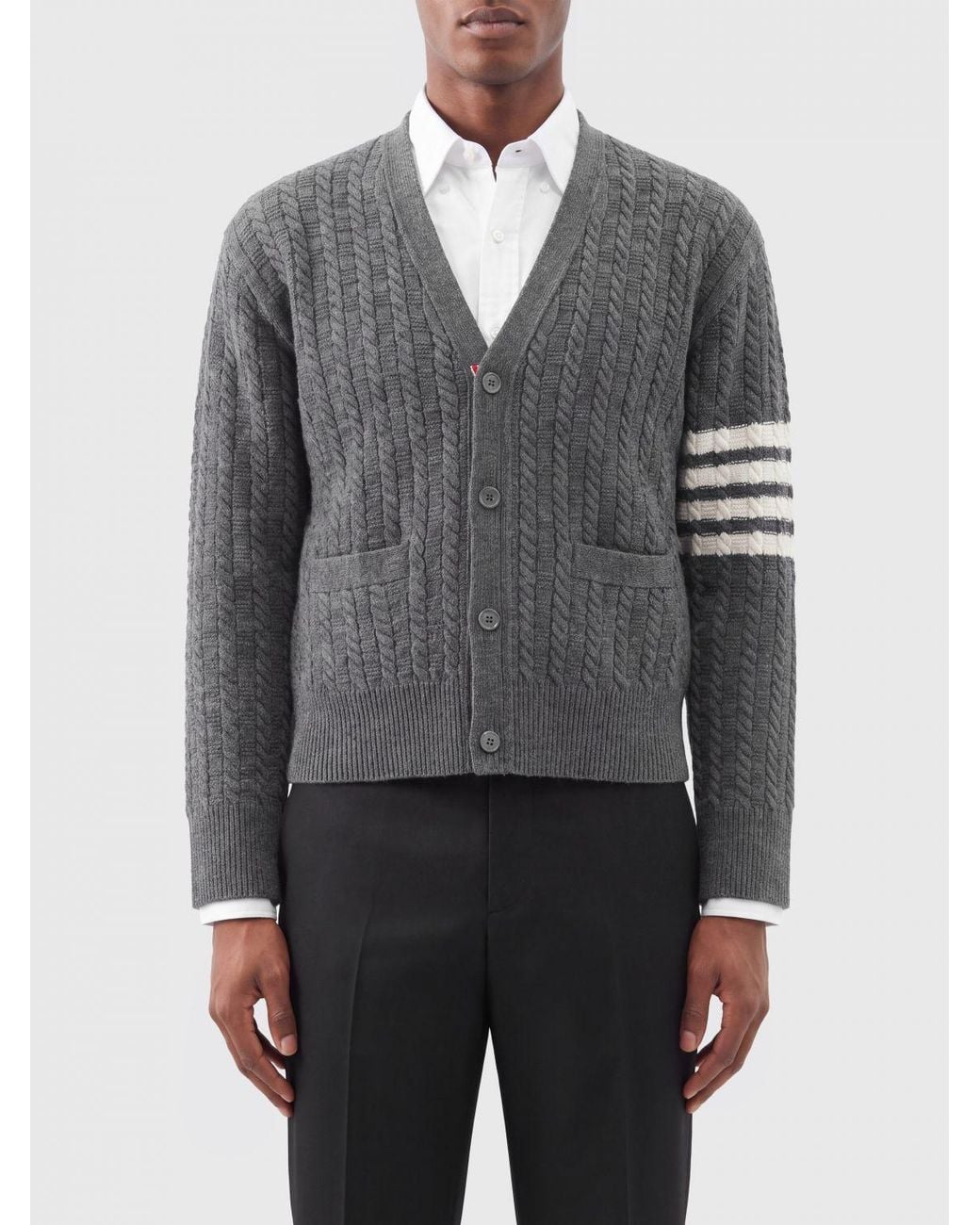 Thom Browne Gray Bar Stripe V-Neck Slim Fit Wool Tricot Cardigan for men