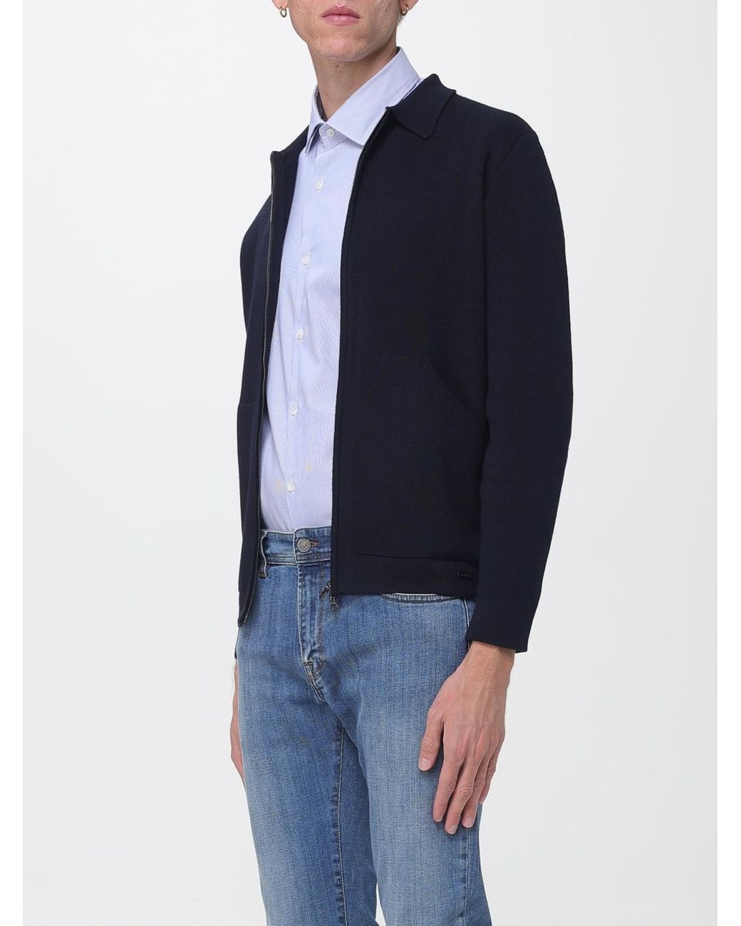 Brooksfield Blue Wool Blend Zip-Up Cardigan Jumper With Classic Collar for men
