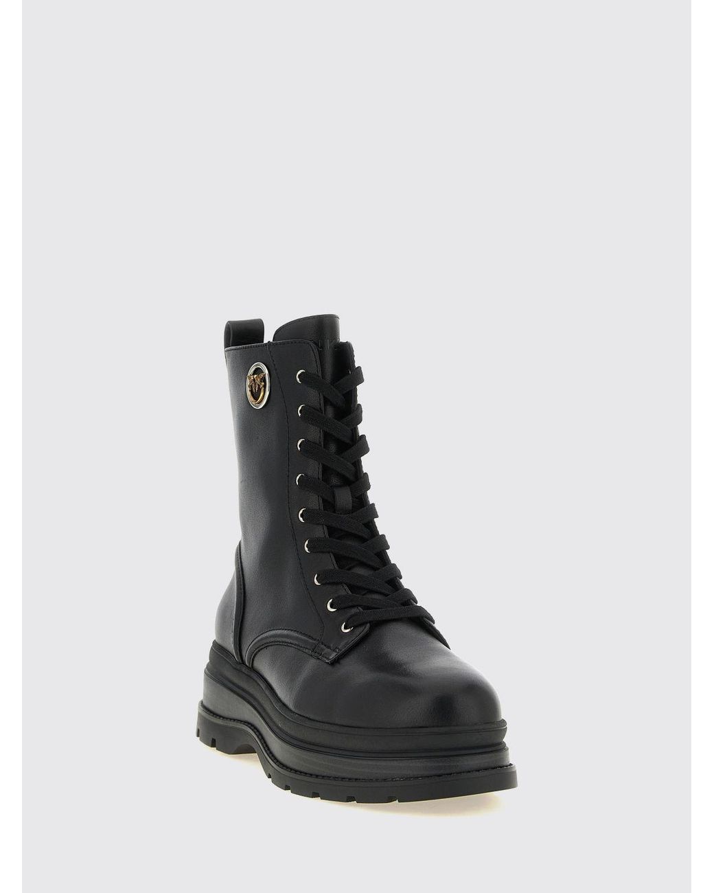 Pinko Black Eva Leather Combat Boots With Love Birds Logo And Lug Sole