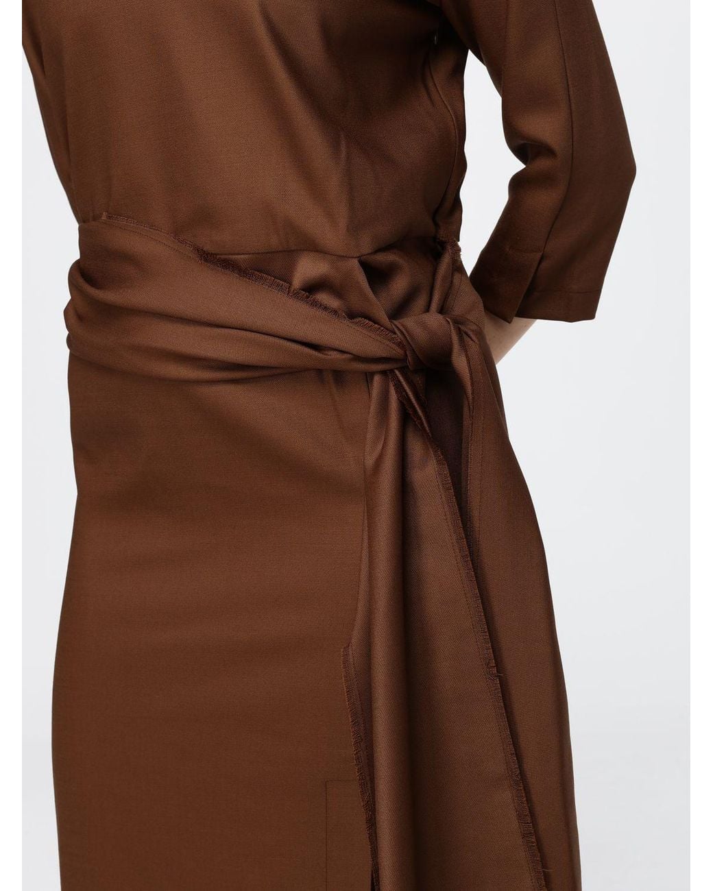 Crida Milano Brown Gertrude Wool Midi Sheath Dress With Long Sleeves And Waist Belt