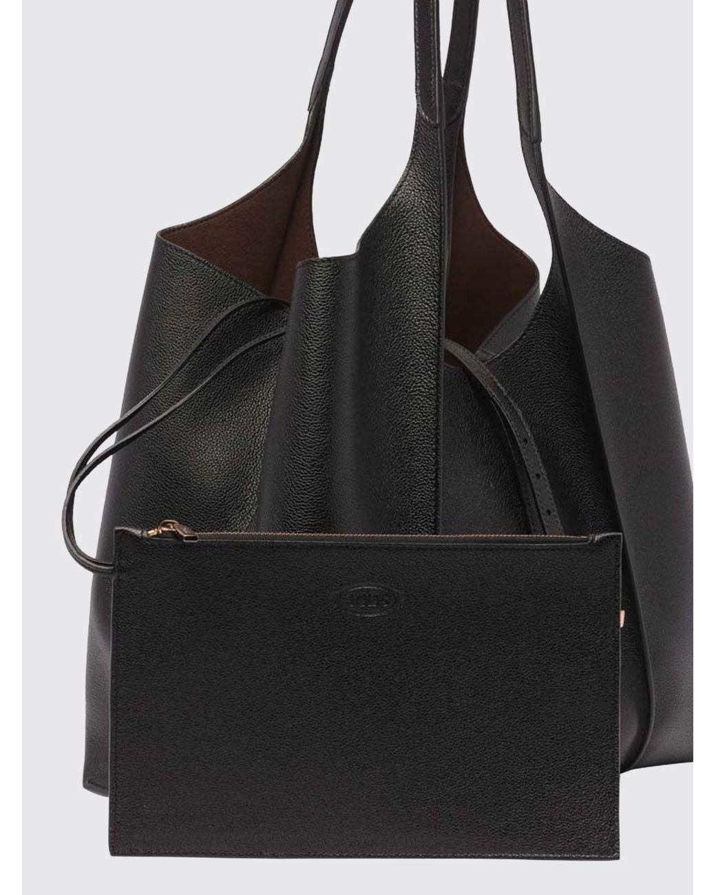 Tod's Black T Timeless Grained Calfskin Shopping Bag With Logo