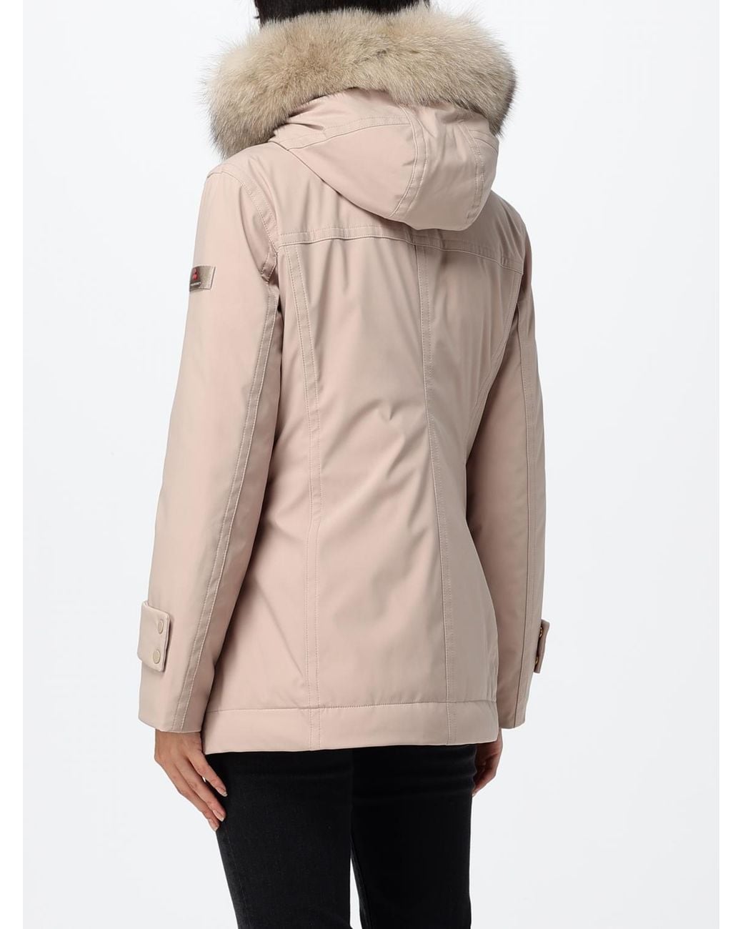 Peuterey Natural Knee-Length Polyester Parka With Shearling Hood And Applied Logo
