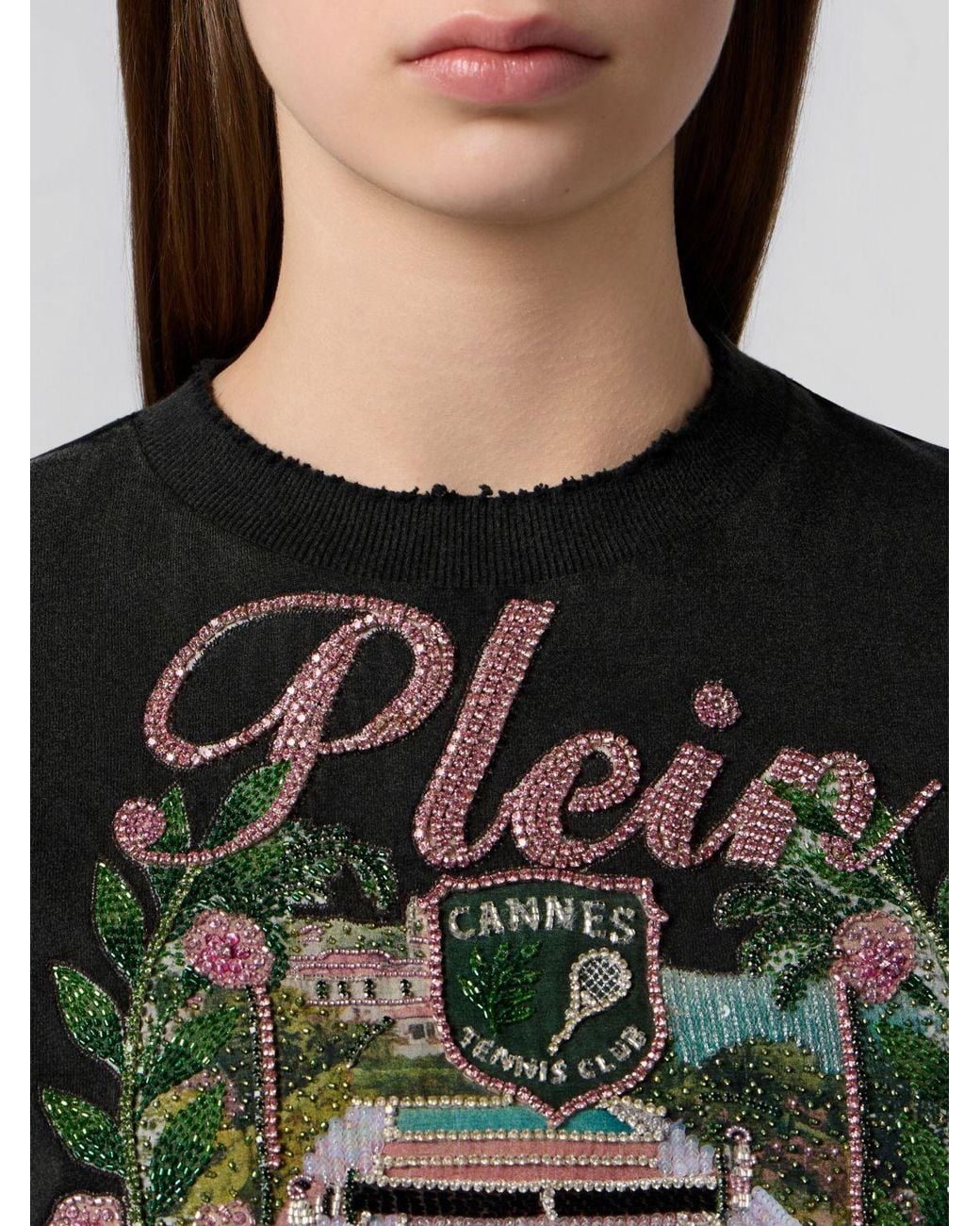 Philipp Plein Green Cropped Cotton T-Shirt With Jacquard Logo And Fringed Hem