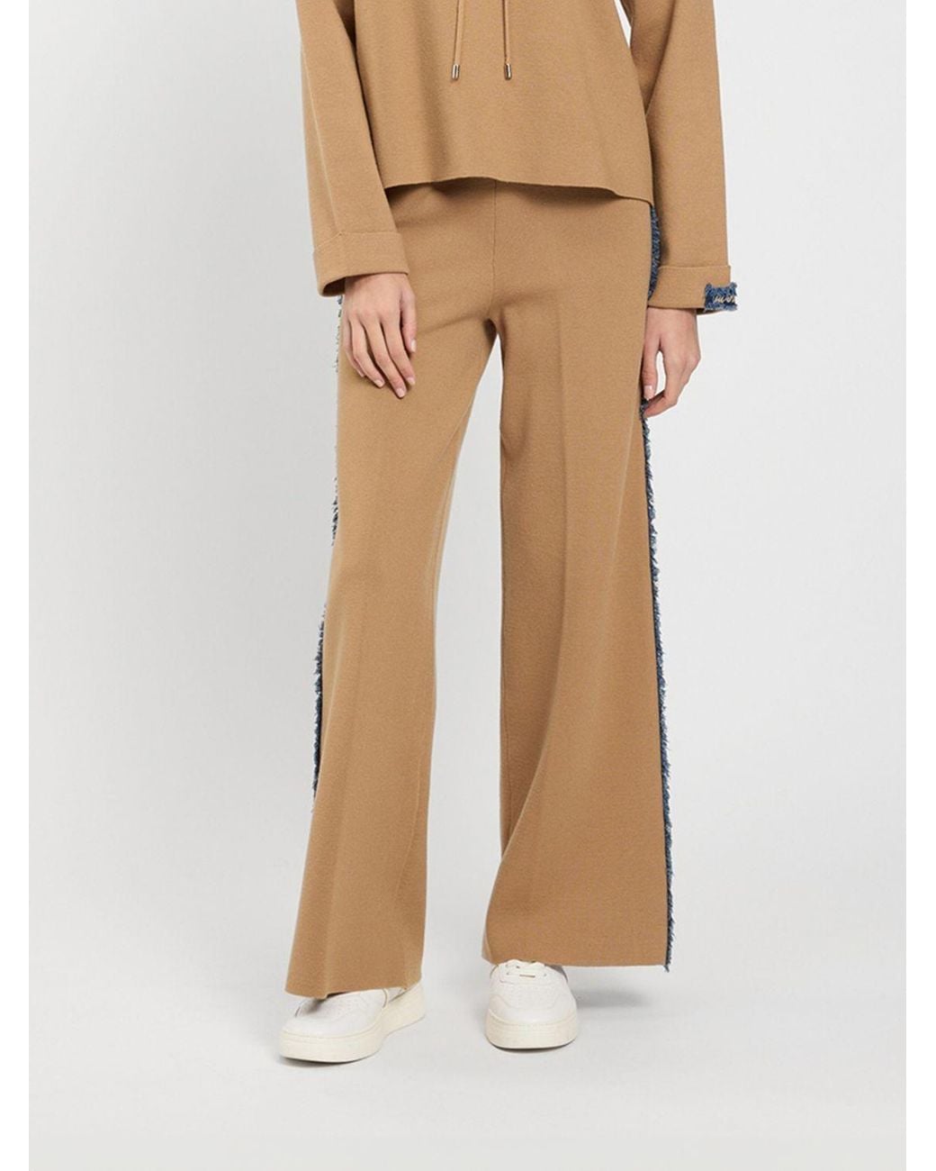 Twinset Natural High-Waisted Wide-Leg Knit Trousers With Contrasting Denim Inserts