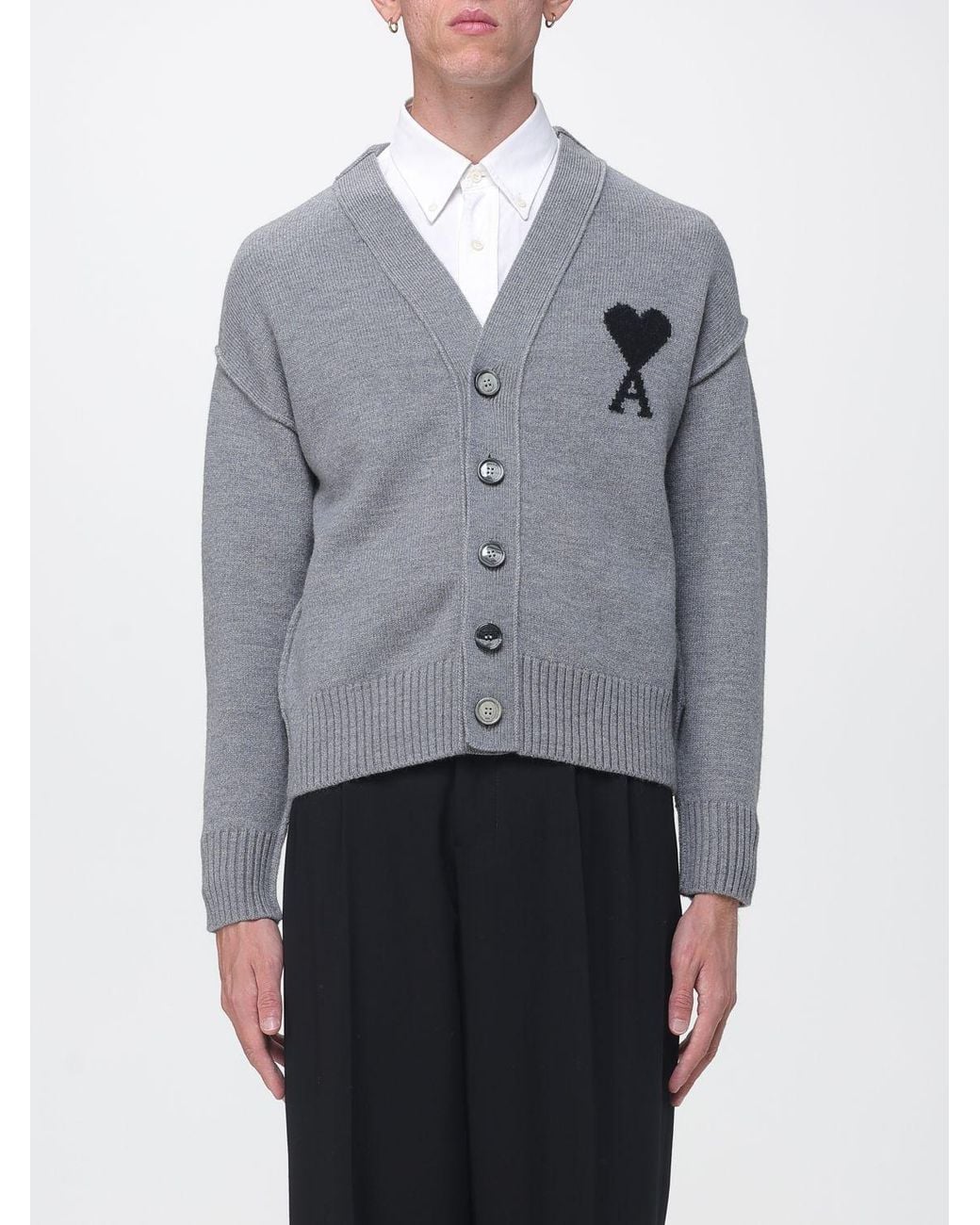 AMI Gray V-Neck Wool Cardigan With Contrast Logo for men