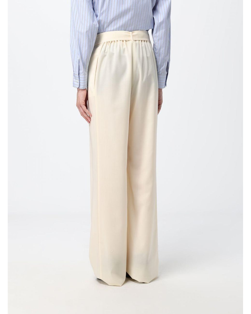 Max Mara White Wide Leg Virgin Wool Trousers With Tie Belt