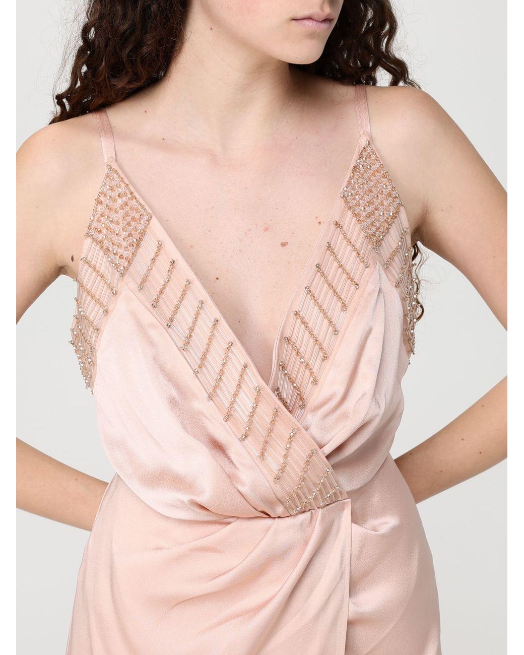 Elisabetta Franchi Pink Long Satin Dress With Sequins