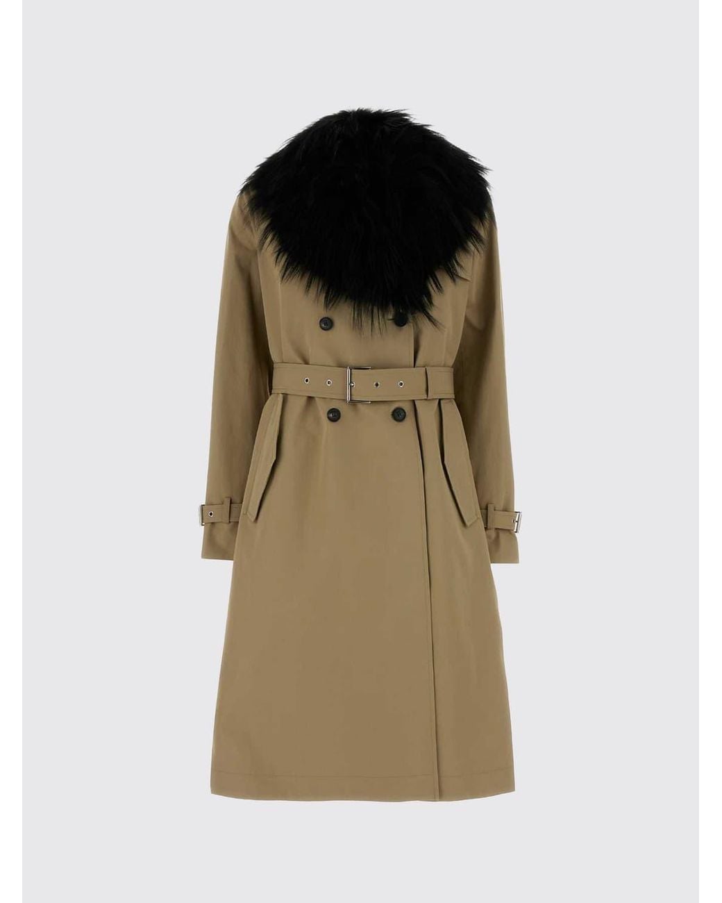 Fendi Natural Double-Breasted Cotton Trench Coat With Fur Collar And Belt