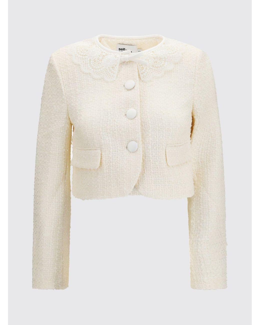 Self-Portrait Natural Cropped Bouclé Blazer With Lace Collar And Inserts