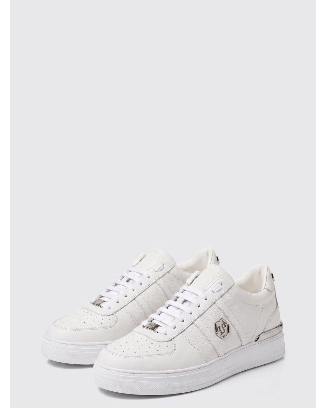 Philipp Plein White Low-Top Leather Trainers With Hexagon Logo And Round Toe for men