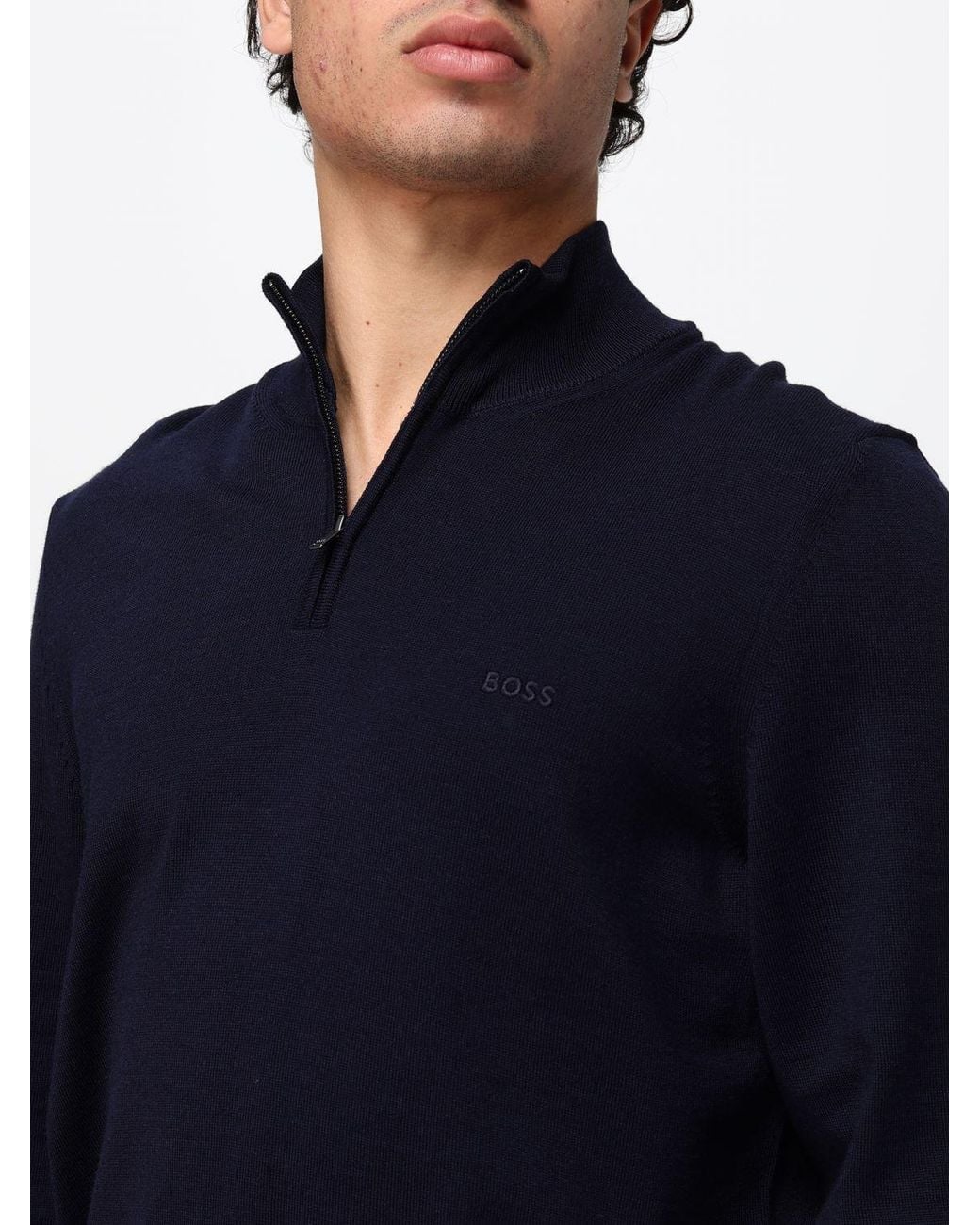 Boss Blue Virgin Wool High Neck Jumper With Half-Zip Closure for men