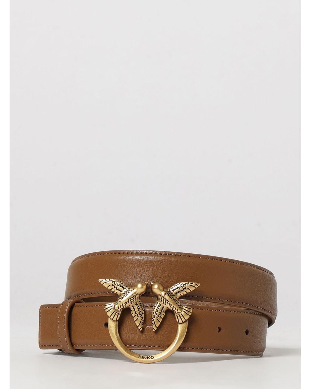 Pinko Brown Leather Belt With Metal Love Birds Logo Buckle