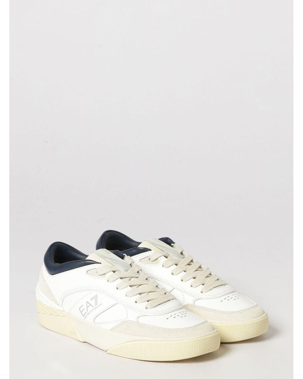 EA7 White Low Top Bovine Leather Sneakers With Round Toe And Printed Logo for men