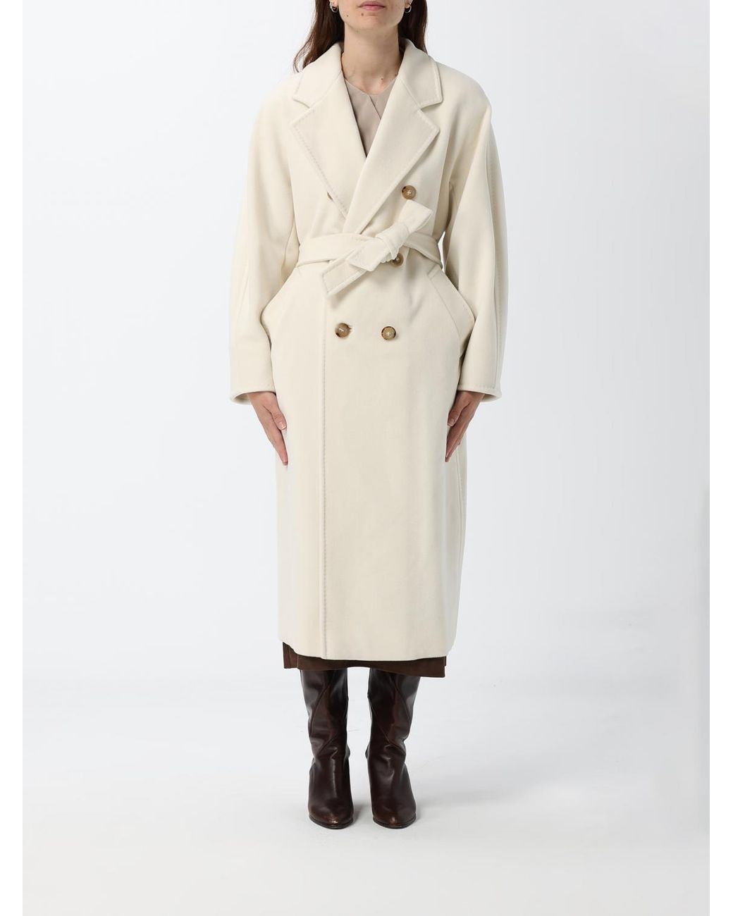 Max Mara White Madame Double-Breasted Long Wool Coat With Belt