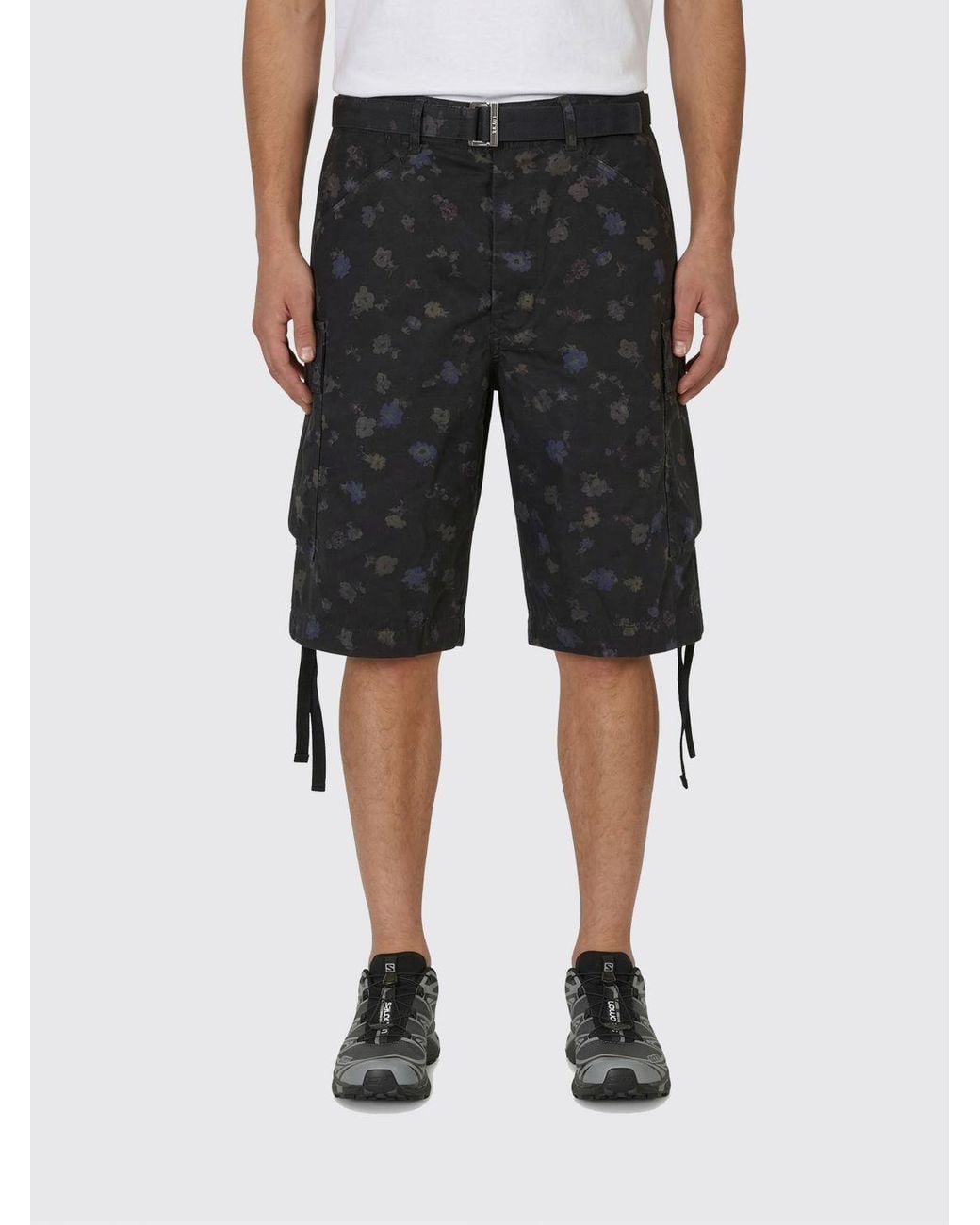 Sacai Black Floral Print Cotton Cargo Shorts for men