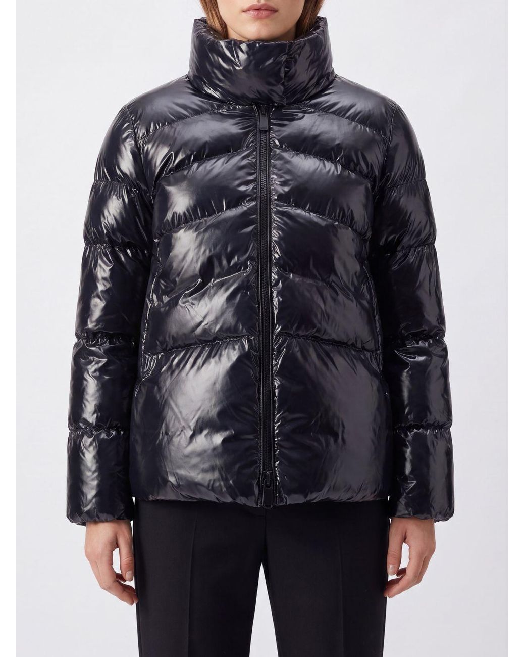 Pinko Blue Quilted Water-Repellent Nylon Short Puffer Jacket With High Neck