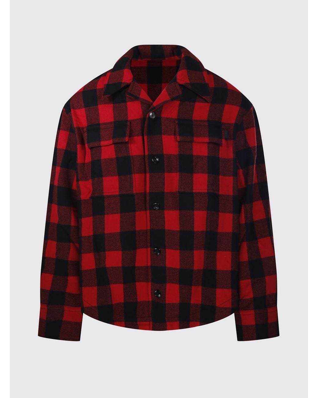AMI Red Check Wool Shirt Jacket With Cuban Collar for men