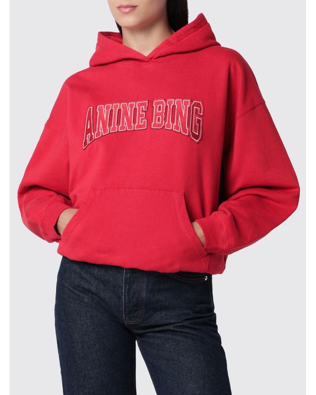 Anine Bing Red Cotton Hoodie With Contrast Logo And Relaxed Fit