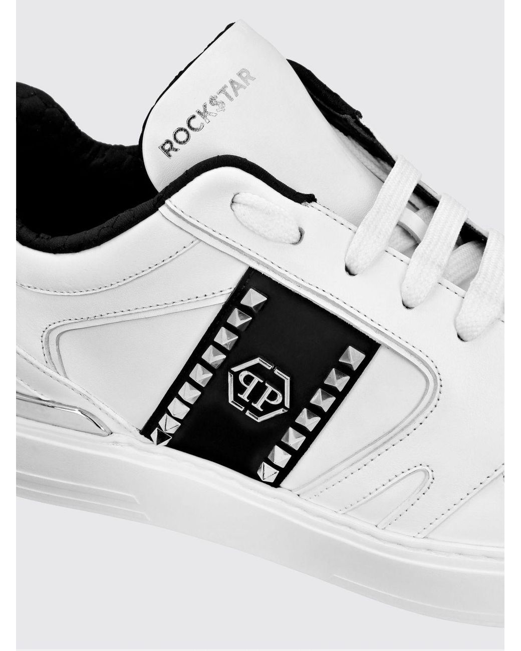 Philipp Plein White Low-Top Leather Sneakers With Hexagon Logo And Studs for men