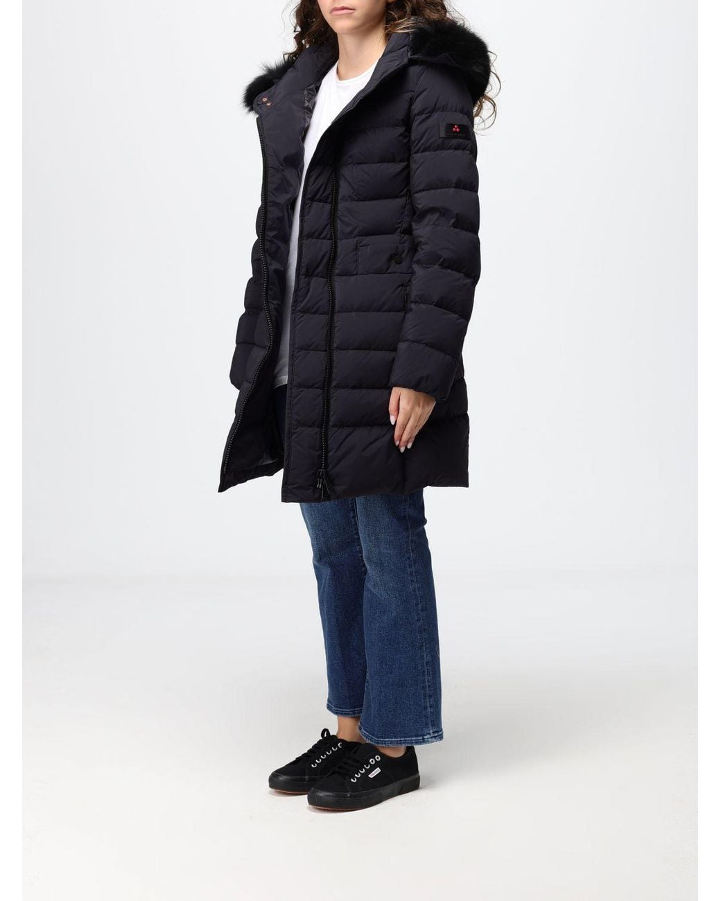 Peuterey Blue Knee-Length Quilted Nylon Down Jacket With Shearling Hood
