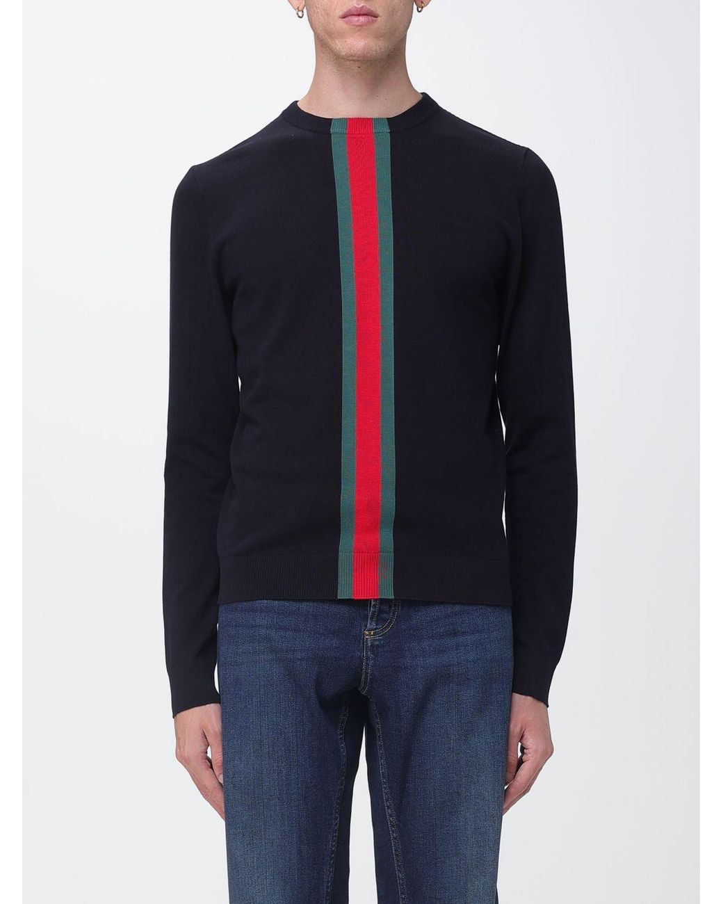 Gucci Blue Striped Cotton Crew-Neck Jumper With Web Detail for men
