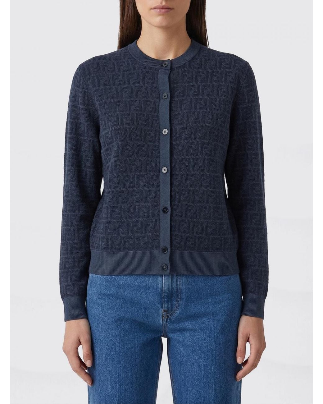 Fendi Blue Ff Wool Crewneck Cardigan