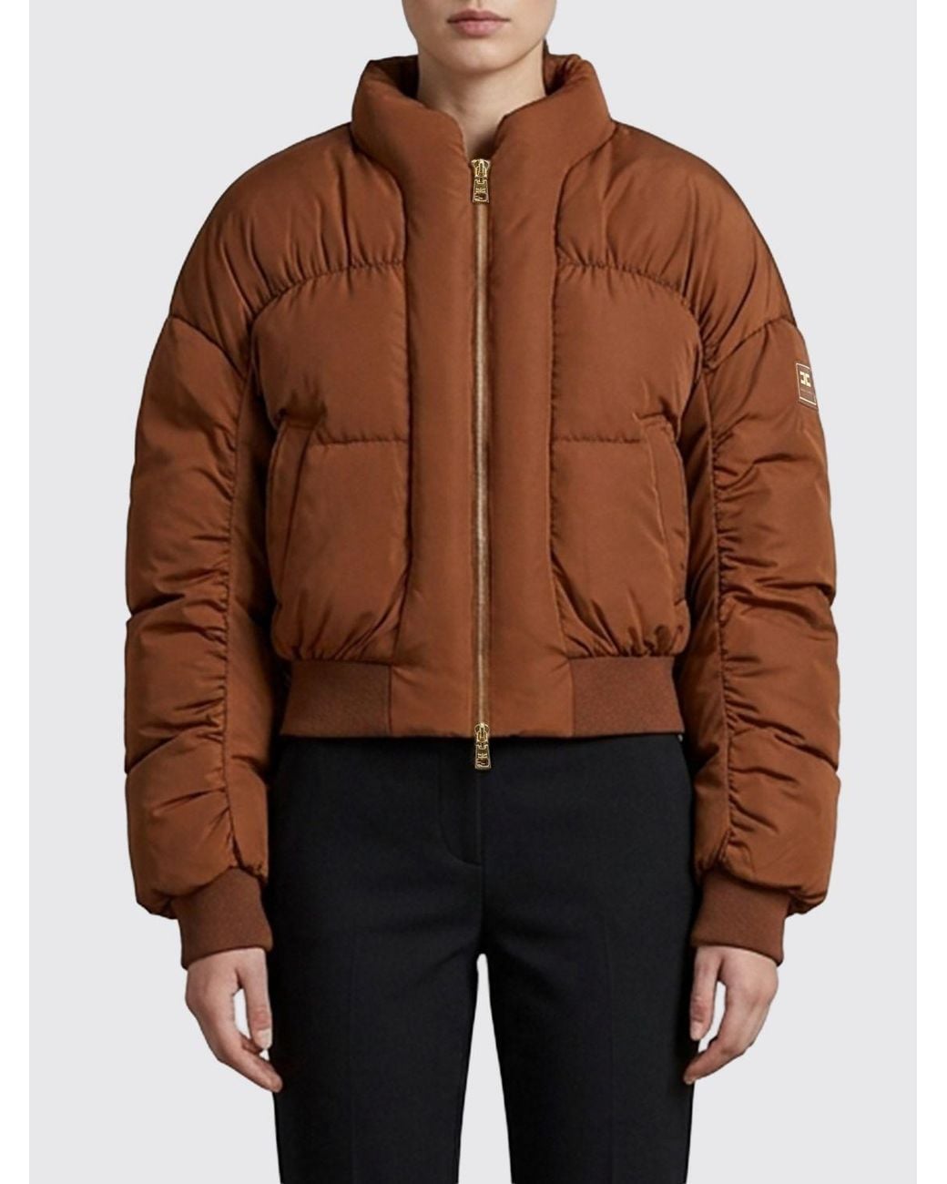 Elisabetta Franchi Brown Quilted Cropped Puffer Jacket With High Neck And Contrast Logo