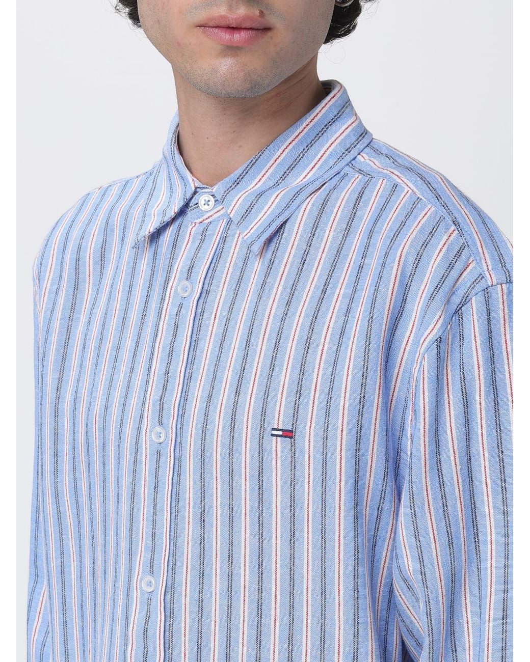 Tommy Hilfiger Blue Relaxed Fit Striped Cotton Shirt With Embroidered Flag Logo for men