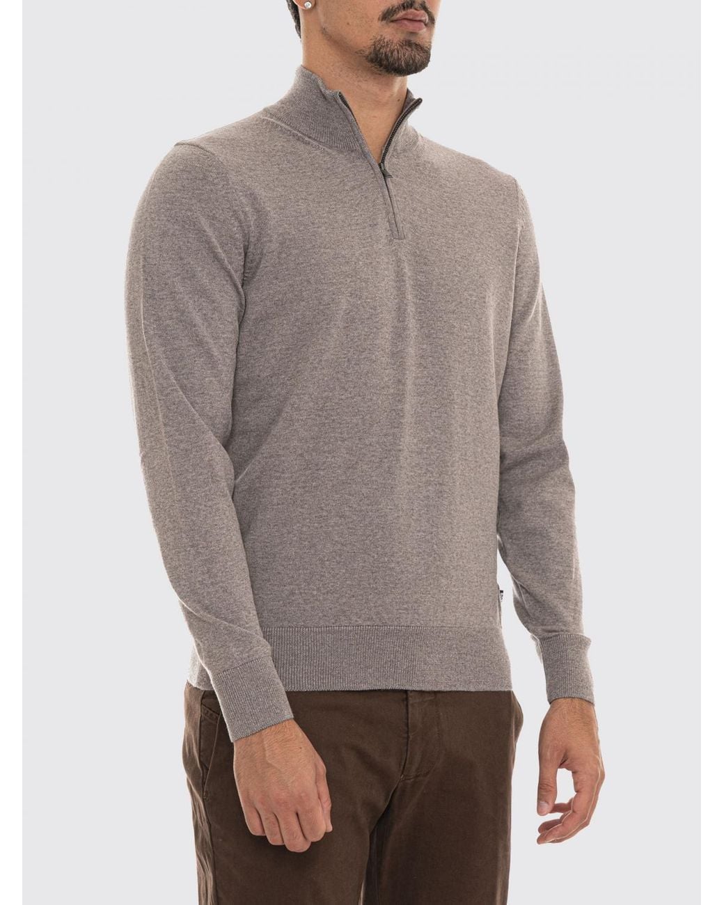 Boss Gray Pure Wool Half-Zip Turtleneck Jumper With Ribbed Hems for men
