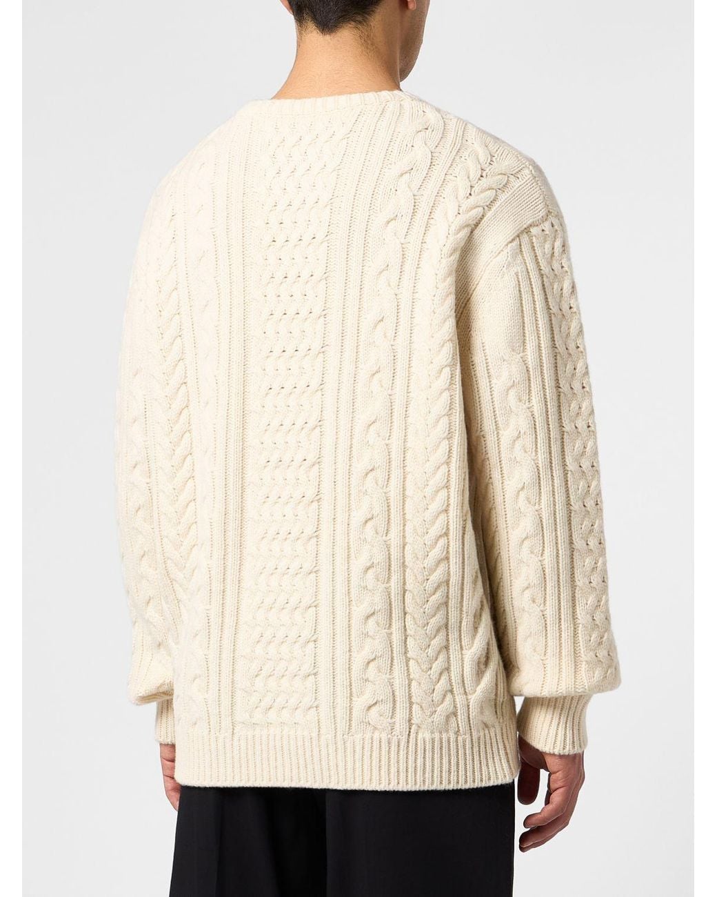 Philipp Plein Natural Relaxed Fit Cable-Knit Wool Crew-Neck Jumper for men