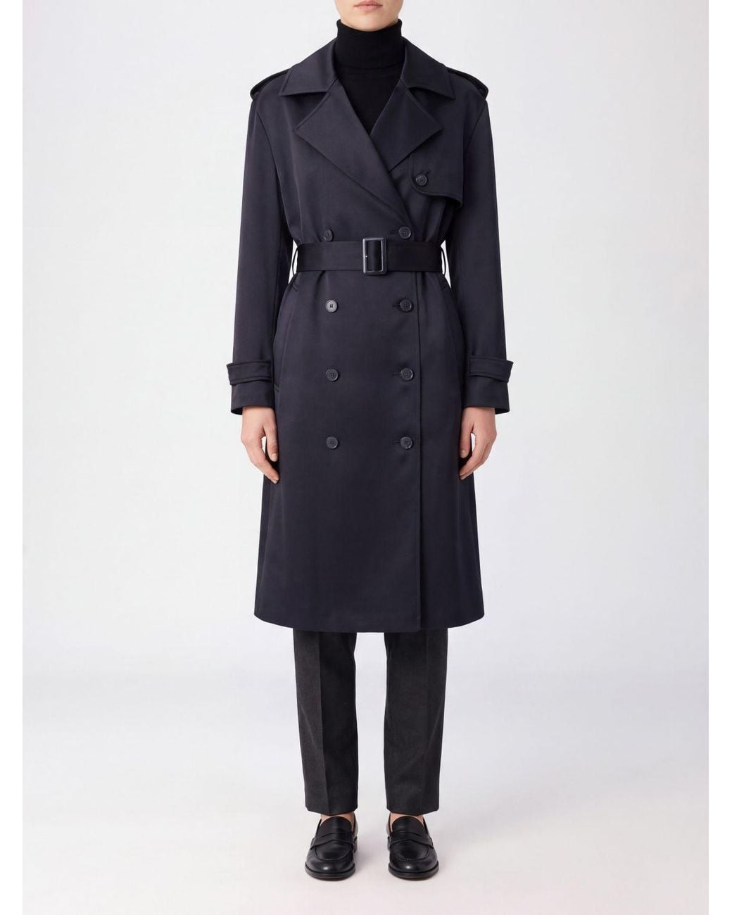 Semicouture Blue Long Double-Breasted Satin Trench Coat With Adjustable Belt