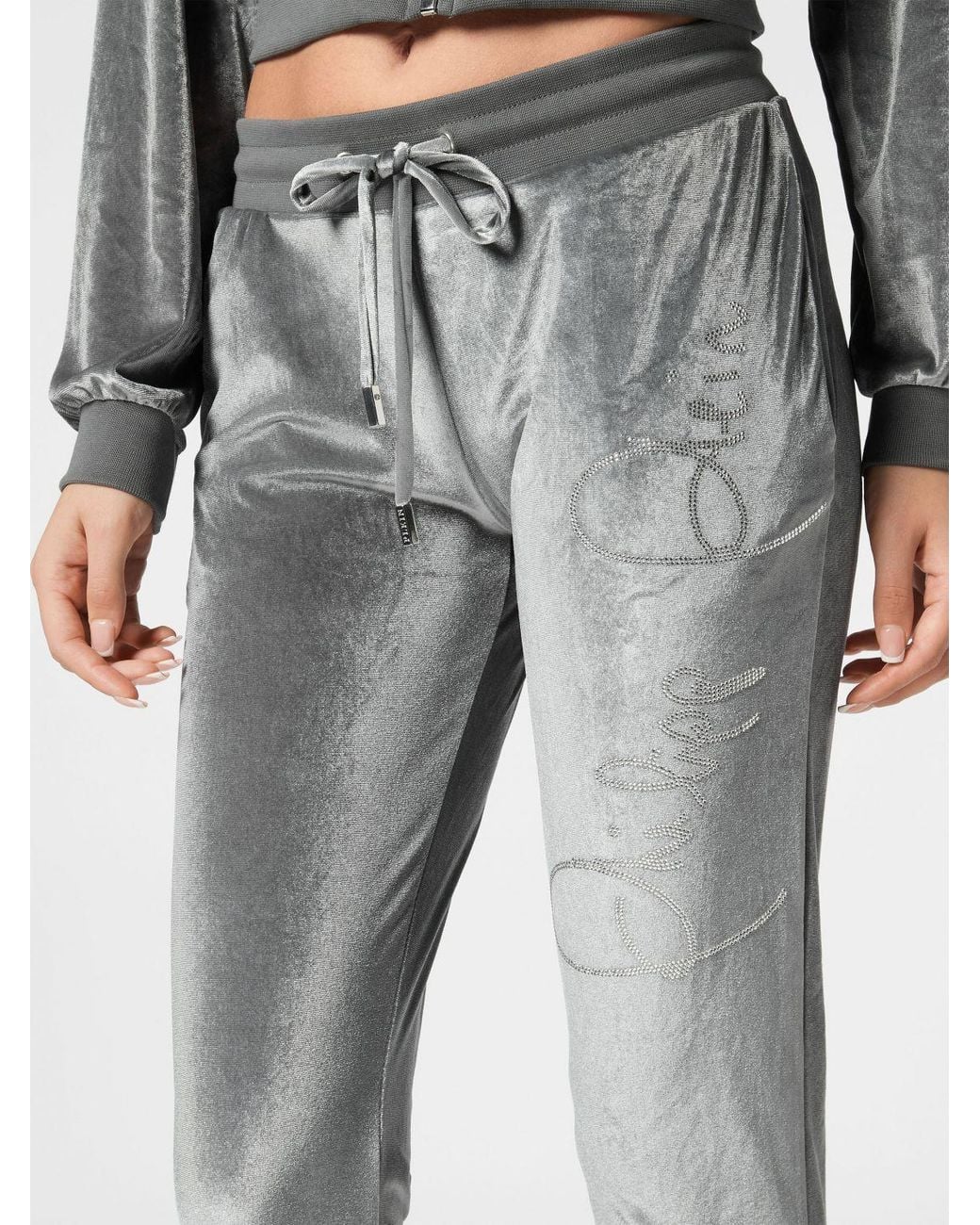 Philipp Plein Gray Velvet Track Trousers With Rhinestone Logo