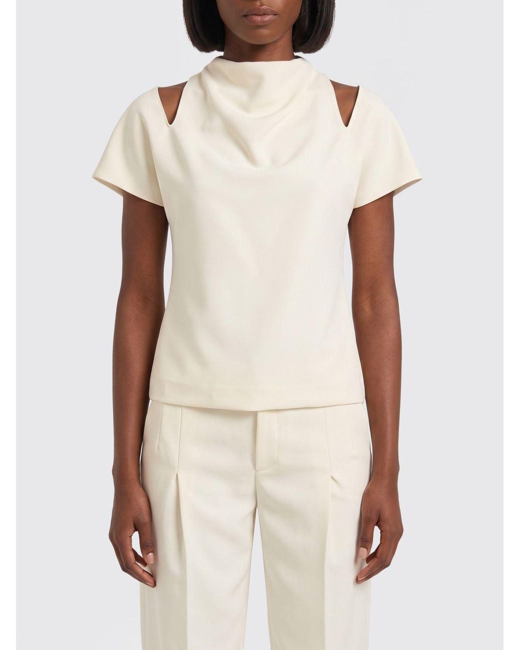 FEDERICA TOSI Natural Short-Sleeved Cady Blouse With High Neck And Cut-Out Shoulders