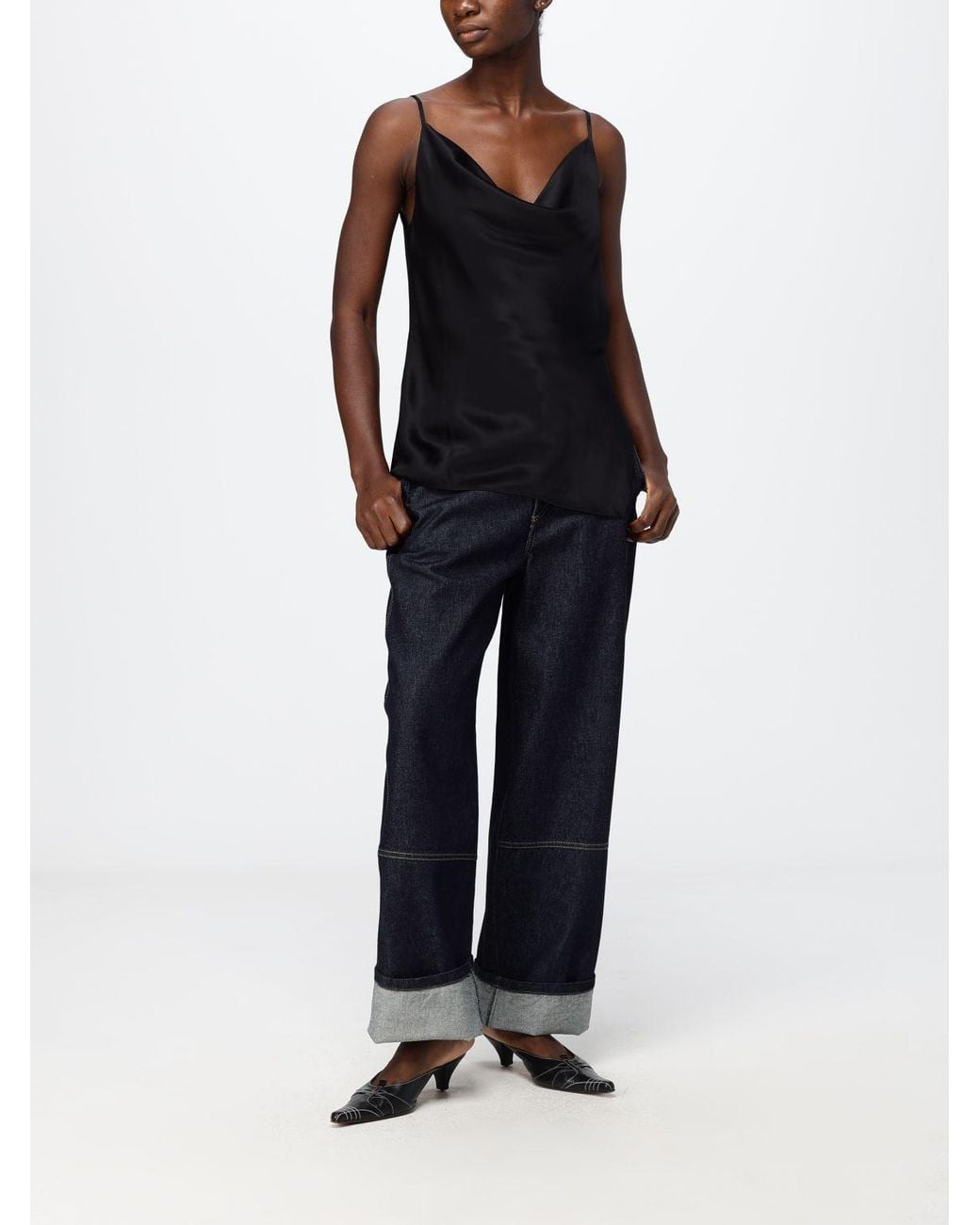 Acne Black Satin Evening Top With Draped Neckline And Thin Straps