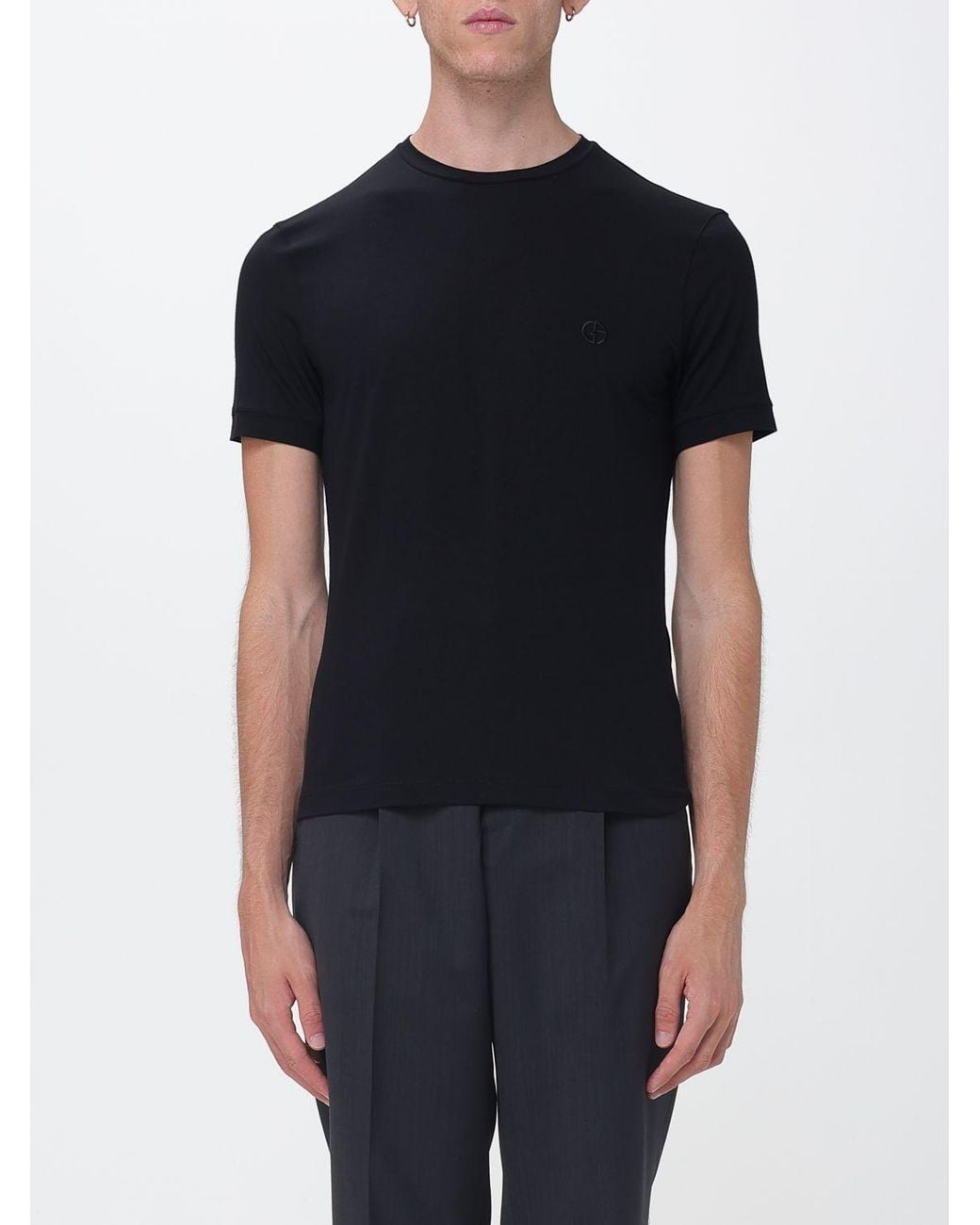 Giorgio Armani Black Cotton Crewneck T-Shirt With Tone-On-Tone Monogram for men