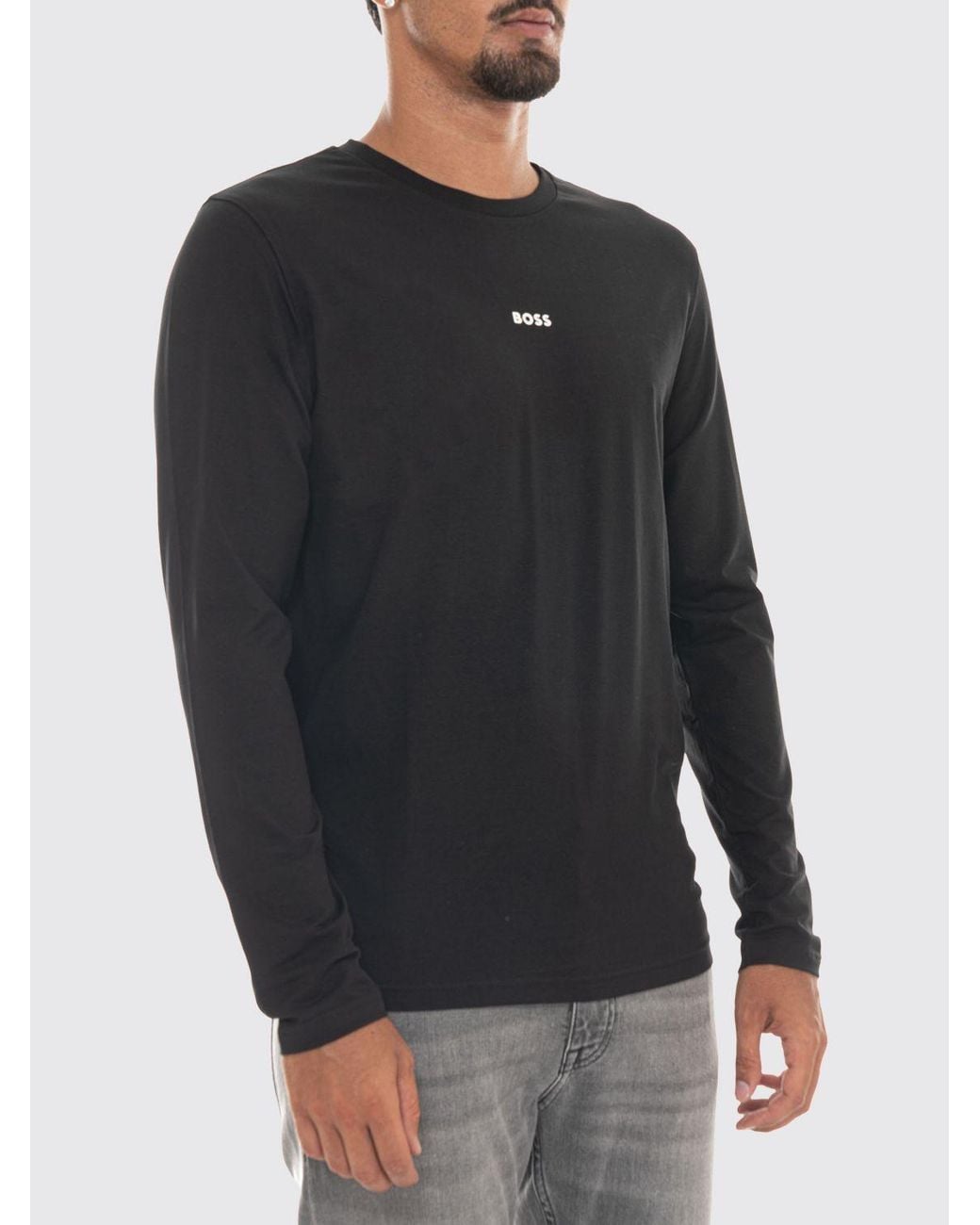 Boss Black Regular Fit Long-Sleeved Cotton T-Shirt With Contrast Logo for men