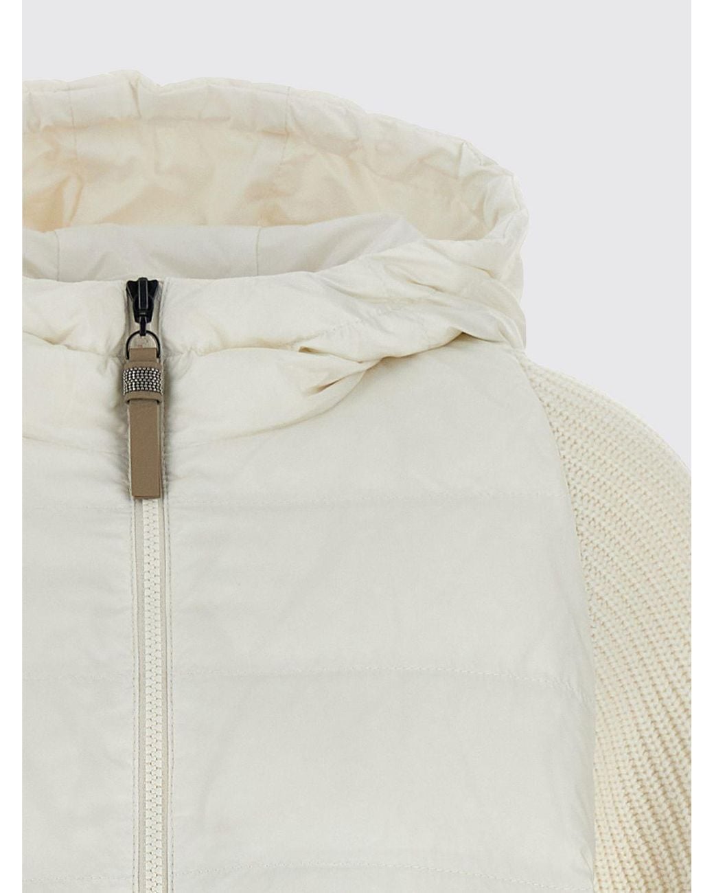 Brunello Cucinelli White Short Quilted Nylon Hooded Puffer Jacket With Zip Closure
