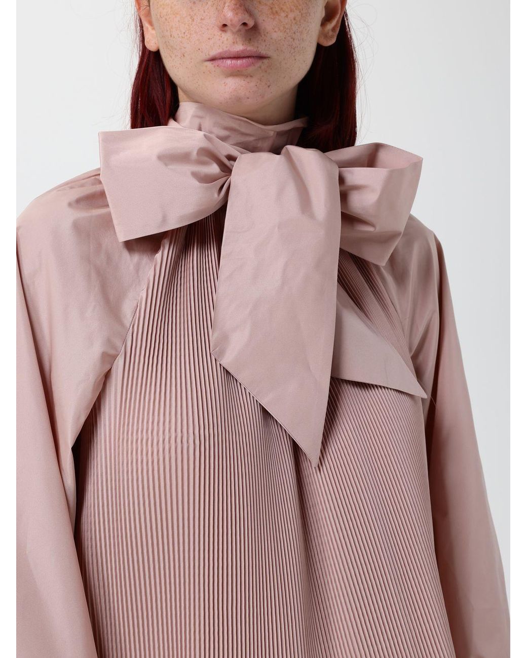 Max Mara Pink Pleated Silk-Blend Blouse With Scarf-Neck And Long Sleeves