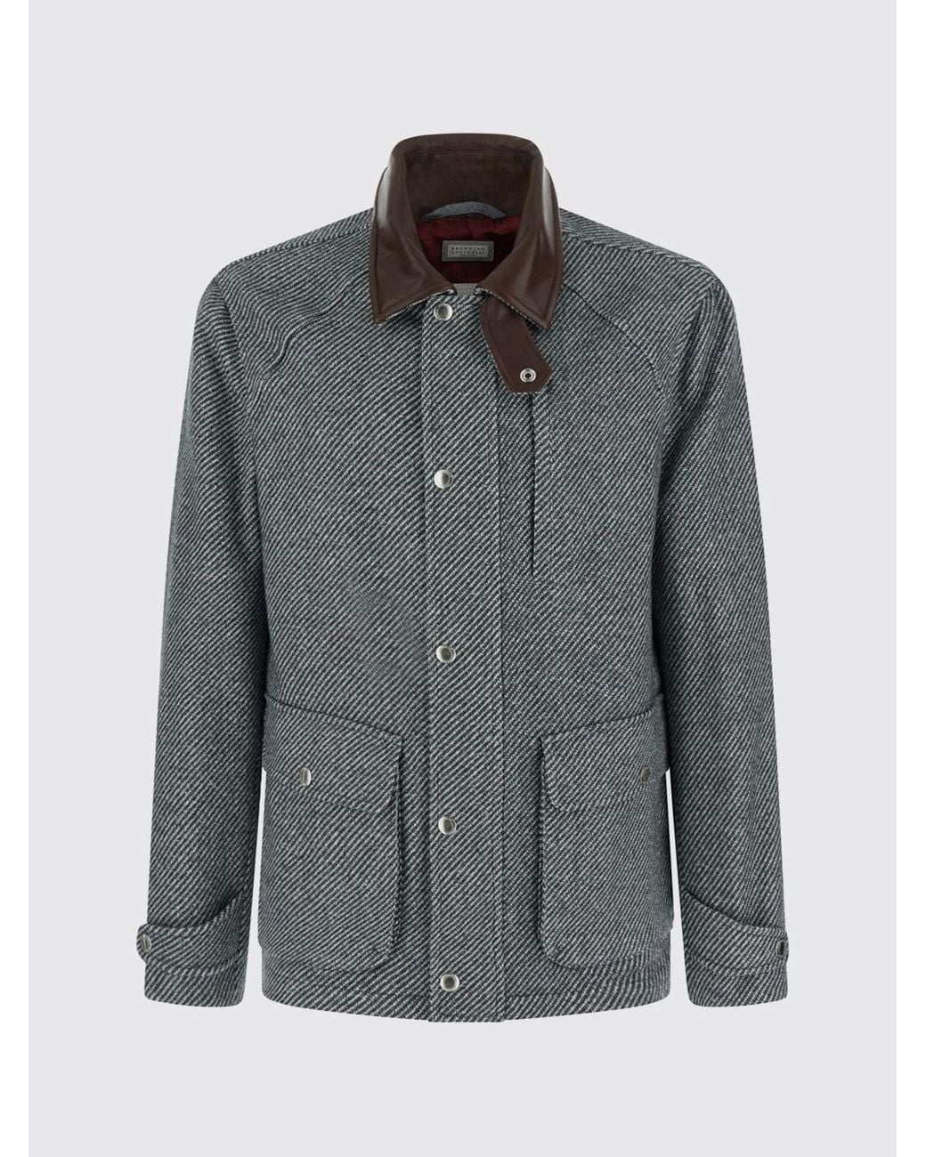 Brunello Cucinelli Gray Striped Cashmere Single-Breasted Peacoat With Leather Collar for men