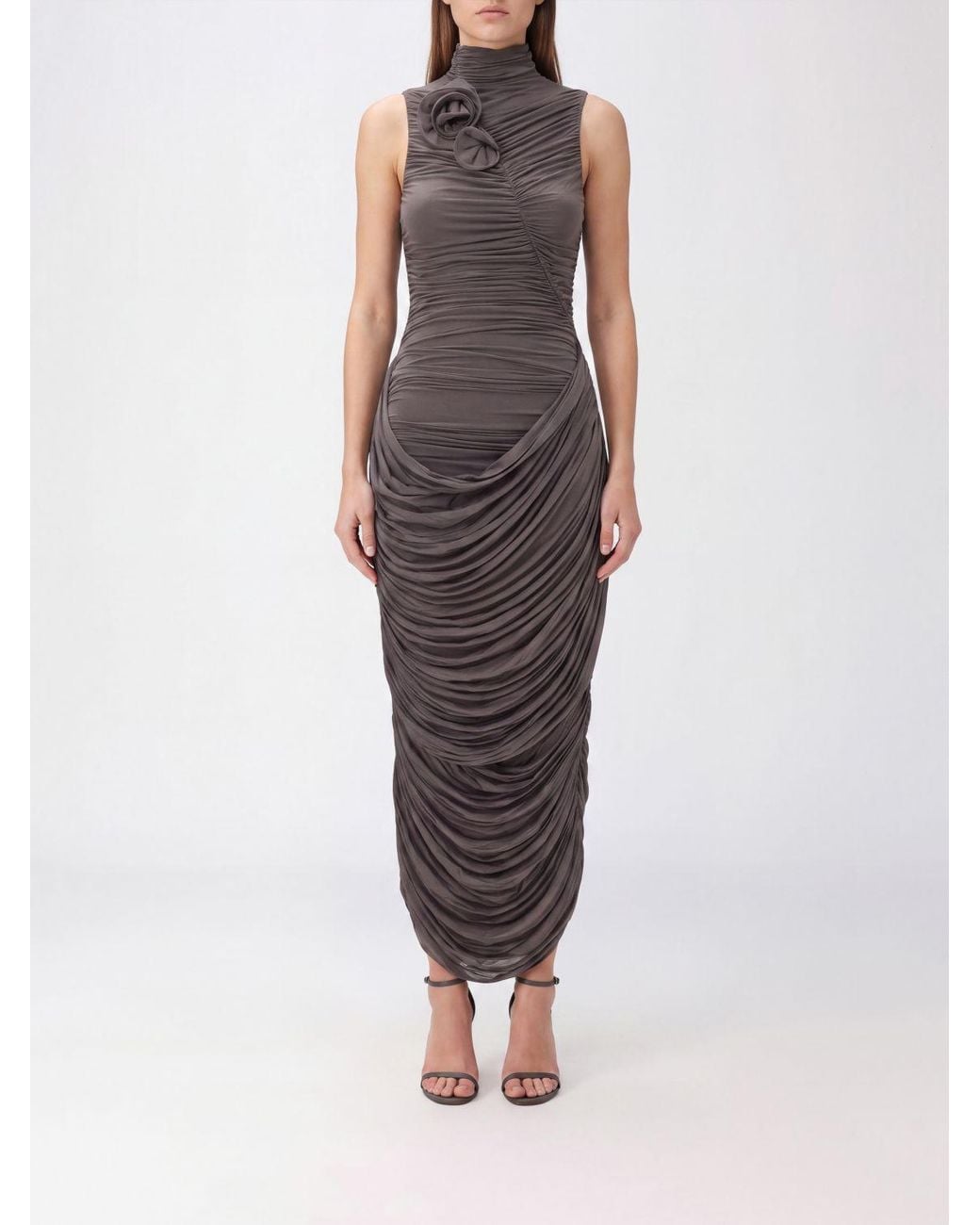 Magda Butrym Brown Off-The-Shoulder Ruched Jersey Sheath Midi Dress With Flower